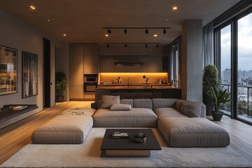 eclectic loft design, a contemporary loft featuring a blend of industrial natural elements, enhanced by artistic lighting in an open layout