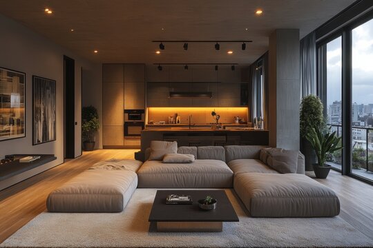 eclectic loft design, a contemporary loft featuring a blend of industrial natural elements, enhanced by artistic lighting in an open layout