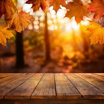 Mesa de madeira coberta de folhas de outono nas cores laranja, amarelo e marrom, iluminada pela luz suave do sol.