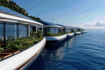 Naklejka premium This image portrays sustainable water farming systems with integrated solar panel designs, highlighting the marriage of technology and nature in a modern agricultural setting.