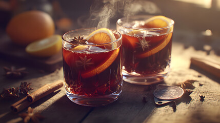 Two glasses of hot spiced drink garnished with orange slices and star anise, perfect for cozy gatherings.