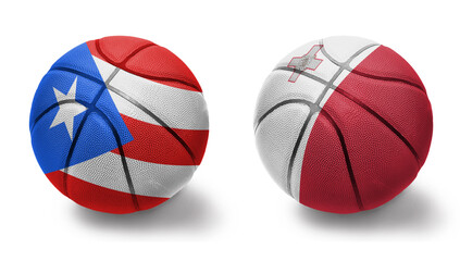 basketball balls with the national flags of malta and puerto rico on the white background.