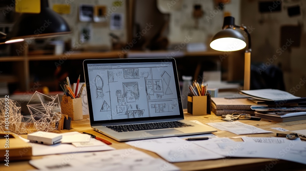 Aufkleber a stylish workspace features a laptop showcasing design sketches, surrounded by various tools, paper