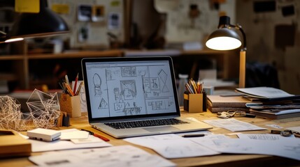 A stylish workspace features a laptop showcasing design sketches, surrounded by various tools, papers, and creative materials. Generative AI
