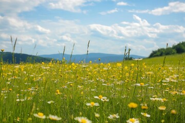 A picturesque meadow filled with wildflowers, under a clear blue sky and distant rolling hills, creates serenity.