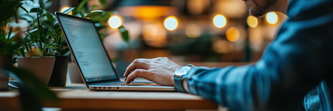 A person types on a laptop in a cozy, warmly lit coffee shop, focusing on their work.