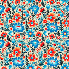 Russian folk art, bright colors, traditional patterns, cultural mood, ornate and floral motifs. Background, seamless pattern.