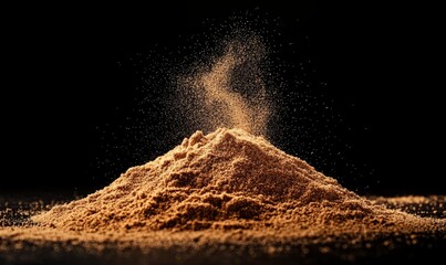 Pile of Ground Cinnamon Powder with Dust Particles Against Black Background
