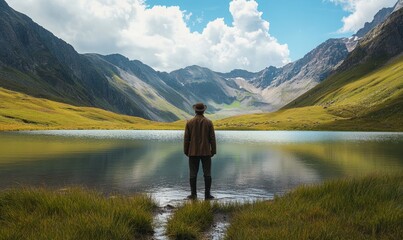 A man in a suit looks out at the magnificent landscape spread out before him - a mountain lake on a summer day.