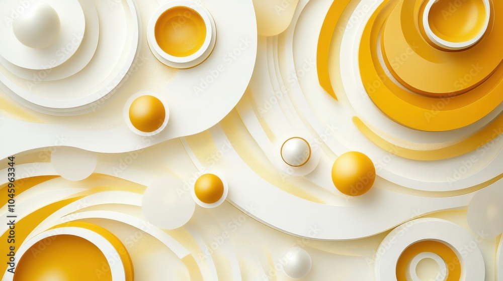 Fototapete layered white and yellow shapes with spheres create an abstract design, showcasing a dynamic interpl