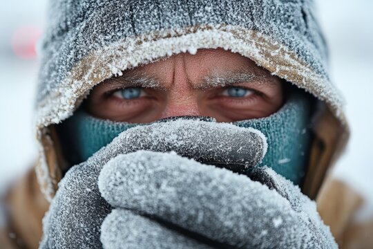 A man dressed in winter gear with a frosty face mask, surrounded by snow, highlighting the harsh winter conditions and resilience against extreme cold weather.