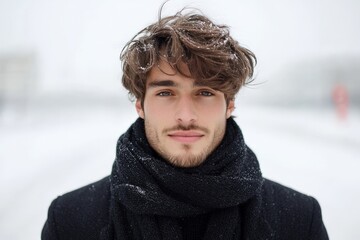 A young man with wavy hair is pictured in the snow, wearing a coat and scarf, exuding charm and warmth in the chilly winter atmosphere.