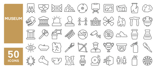 Set of 50 line icons related to museum, sculpture, art, gallery, culture, exposition, antique, history, guide, expo, Editable stroke. Vector illustration