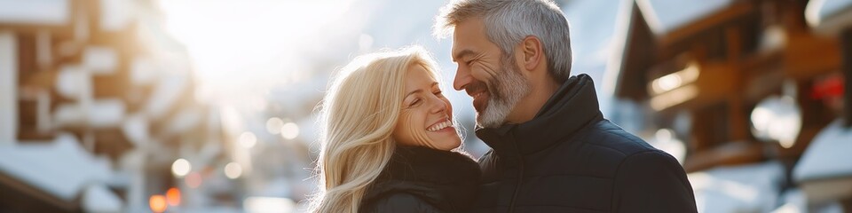 Fototapeta premium A couple is smiling and hugging in the snow. The man is wearing a black jacket and the woman is wearing a black coat. The scene is set in a snowy city street