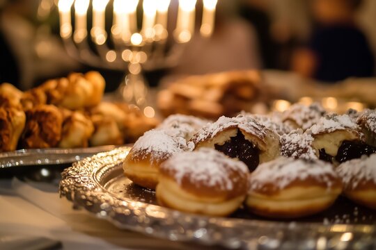Close-up of jelly-filled doughnuts with candlelight background..