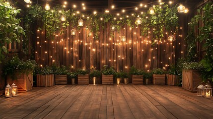 Rustic barn wedding stage with wooden crates and fairy lights A wooden stage is set up inside a barn, decorated with rustic elements like wooden crates, lanterns, and strings of warm fairy lights.