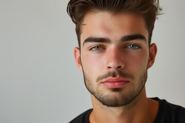 Fototapeta premium Close-up headshot of a confident young man displaying serious concentration with striking blue eyes against a neutral background