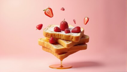 Stacked French toast with powdered sugar and fresh strawberries drips maple syrup against a pastel pink backdrop, capturing a delicious breakfast scene.