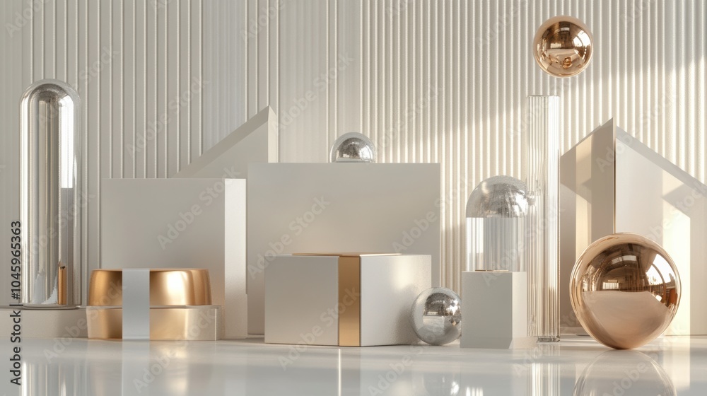 Aufkleber A collection of clear geometric shapes designed as gift boxes sits alongside shiny spheres, creating an elegant display in a bright indoor area. Generative AI