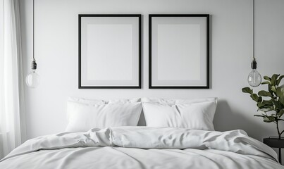White bedding on bed in Scandinavian simple bedroom interior. Two posters on wall. Template