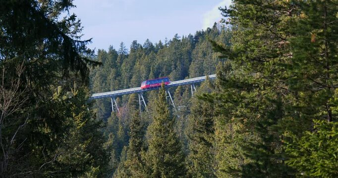 A red cable car traverses a bridge through a dense, green forested mountain valley under a clear blue sky.