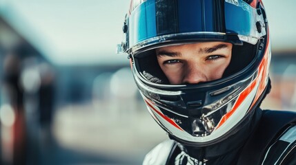 A professional racer, wearing a helmet, exhibits a focused expression as they gear up for an upcoming race at a motorsport event. Generative AI