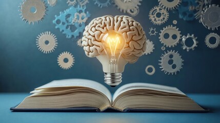 An open book with an illuminated brain symbolizes the fusion of creativity and knowledge, surrounded by gears and cogs showcasing innovation. Generative AI