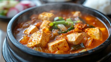 A steaming bowl of traditional Korean kimchi jjigae served in a black stone pot, filled with tofu, kimchi, pork, and vegetables. The rich red-orange broth simmers, creating a warm and comforting meal 