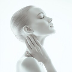 A serene young woman with flawless pale skin, eyes closed, gently touching her neck with her hands, set against a soft white background, highlighting her smooth complexion and graceful pose