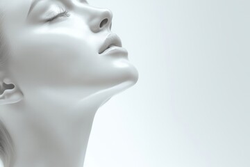 Woman with flawless skin, head tilted back, eyes closed, showing smooth neck and delicate facial features, captured in soft lighting with a minimalistic light  background, with copy space 
