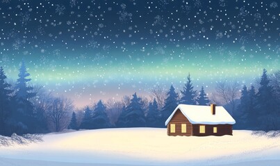 Winter landscape, wooden house under Northern Lights sky