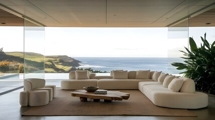 Fototapeta premium Sleek Modern Living Room with Panoramic Ocean Views: A Harmonious Blend of Comfort and Nature Featuring Elegant Furnishings and Inviting Atmosphere