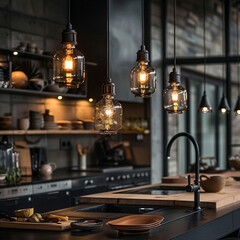A kitchen with a black countertop and a wooden island
