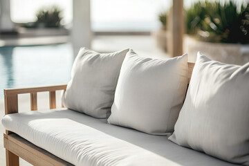 Outdoor pool area with modern furniture with soft cushions