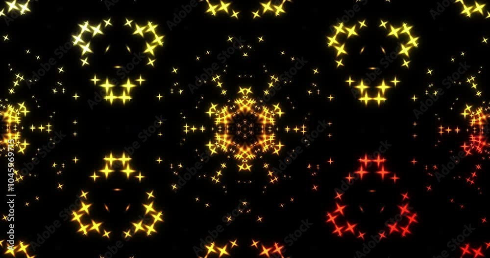 Poster graphic, color and motion for kaleidoscope background with lights effect, flower shape and psychedel