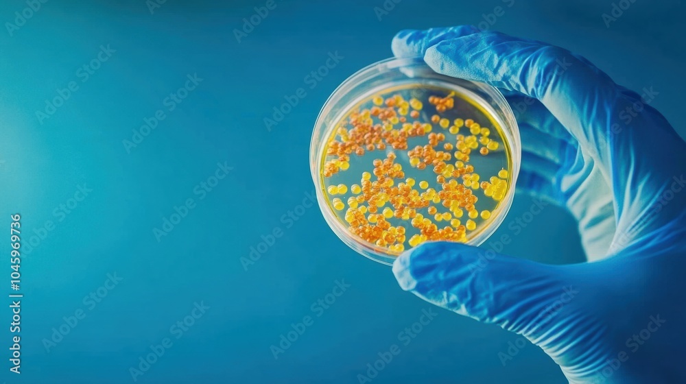 Poster a gloved hand holds a petri dish containing vibrant yellow microorganisms, emphasizing precision in 