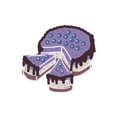 A vibrant purple cake topped with chocolate drizzle and fresh blueberries, perfect for dessert lovers