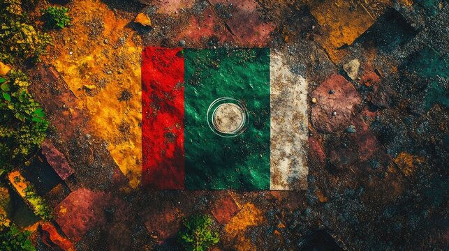 A birda??s-eye view of the Kashmir flag placed on the ground, surrounded by colorful patterns and natural elements