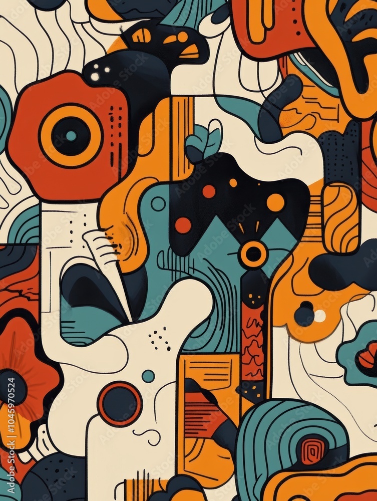 Poster a vibrant doodle design showcases warm tones and retro patterns, reminiscent of the artistic styles 