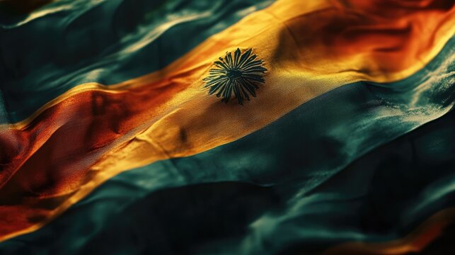 A close-up of the Kannada flag fluttering in the wind, with intricate details of the fabric captured in high resolution against a blurred background