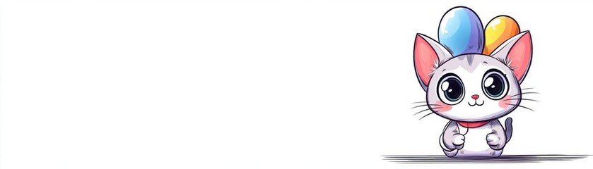 Obraz premium Kawaii cat mascot with large expressive eyes, holding a colorful balloon, Sketch, Soft pastel colors, Minimalist design, simple line work