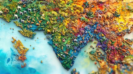 A collage-style map of India, integrating elements of nature and culture, with bright colors and textures,