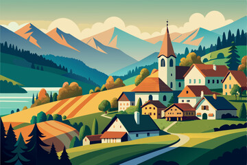 Naklejka premium Small old town located amidst mountains and hills vector flat illustration