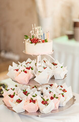 Beautiful birthday cake with cupcakes with colorful birthday candles and raspberries. Holiday cake. 