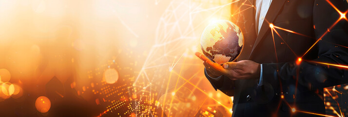 Businessman holding glowing earth globe in hands