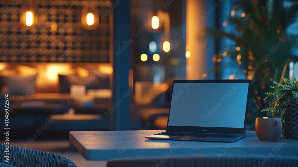 Poster A quiet café setting features a laptop resting on a table, surrounded by ambient lighting and a tranquil atmosphere in the evening. Generative AI