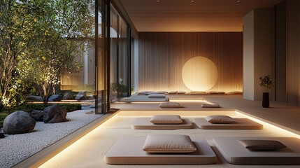 A contemporary meditation space featuring a low-profile