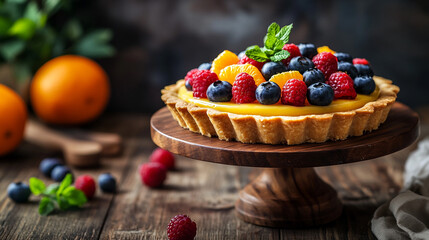 Fototapeta premium Delicious Lemon Tart with Fresh Berries and Orange Slices on Wooden Cake Stand