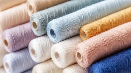 Assorted Soft Pastel Thread Rolls in Neat Rows
