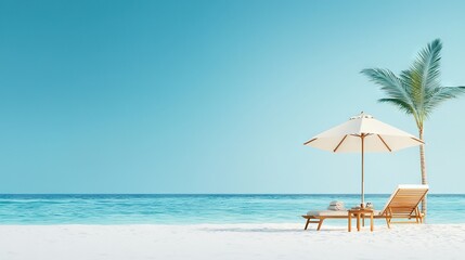 Obraz premium A chair, an umbrella, palm tree, and ocean on a beach